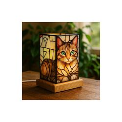 Kočka - LED dekorativní  lampa na dřevěném podstavci